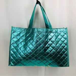 Metallic Turquoise Large Quilted Pattern Lined Tote Bag Packable
